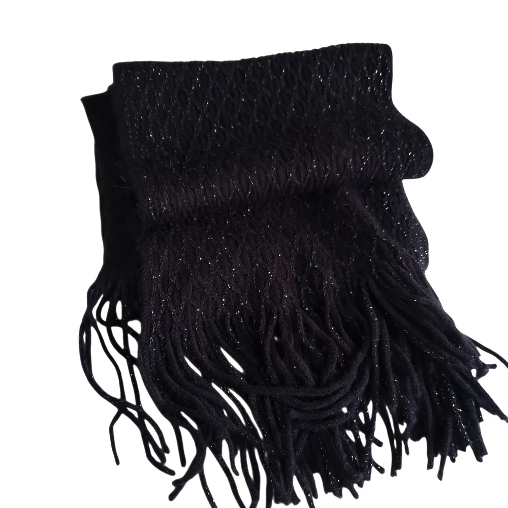 Women's Leather Black Gloves / Black Metallic Scarf